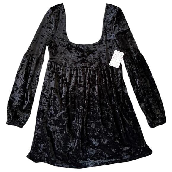 Free People Black Crushed Velvet Babydoll Mini Dress – NWT – Size S - Picture 1 of 5